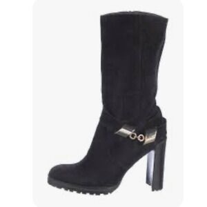 Stuart Weitzman Black Suede Moto Boots Gold Chain Lug Sole US 6.5/7 Size 37